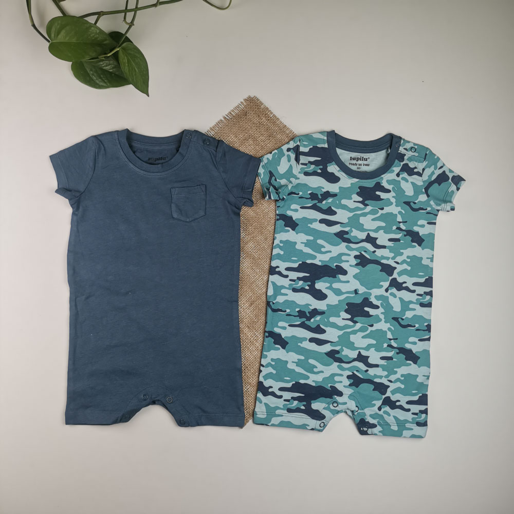 ست دو عددی رامپر نوزادی پسرانه آستین کوتاه برند lupilu طرح ارتشی رامپر آبی جیبدار آبی رنگ - 9-12 ماه