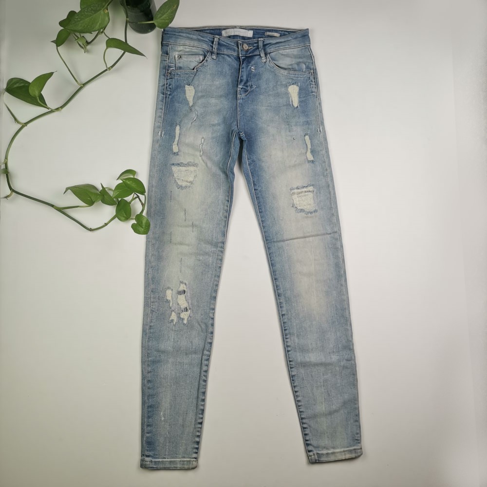 شلوار دخترانه جذب برند Bershka طرح زاپ دار آبی رنگ - سایز 36