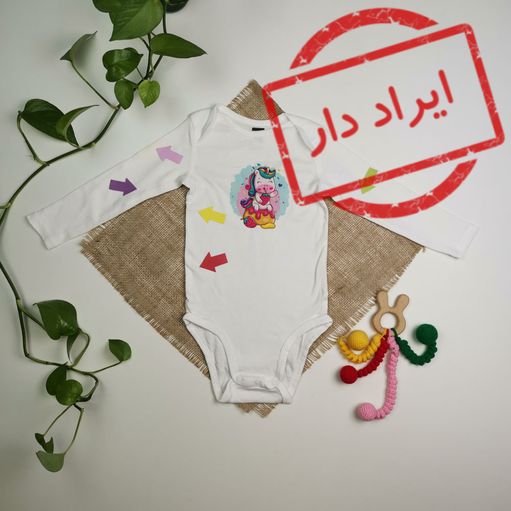 بادی نوزادی دخترانه آستین بلند برند h&m طرح یونیکورن سفید رنگ - 12-18 ماه