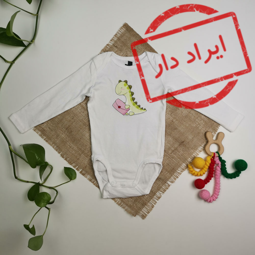 بادی نوزادی آستین بلند برند h&m طرح دایناسور سفید رنگ - 6-9 ماه