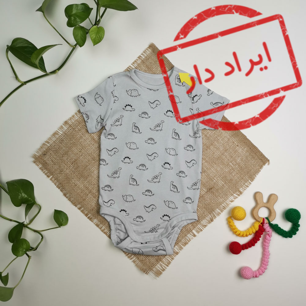 بادی نوزادی آستین کوتاه برند h&m طرح دایناسور سرشانه دکمه دار طوسی رنگ