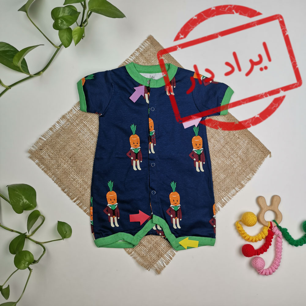 رامپر نوزادی پسرانه آستین کوتاه طرح هویج سرمه ای رنگ - 6-9 ماه