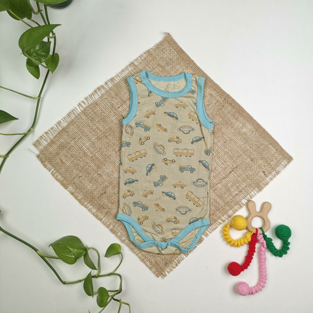 بادی نوزادی پسرانه آستین تاپ طرح ماشین آبی رنگ - 6-9 ماه