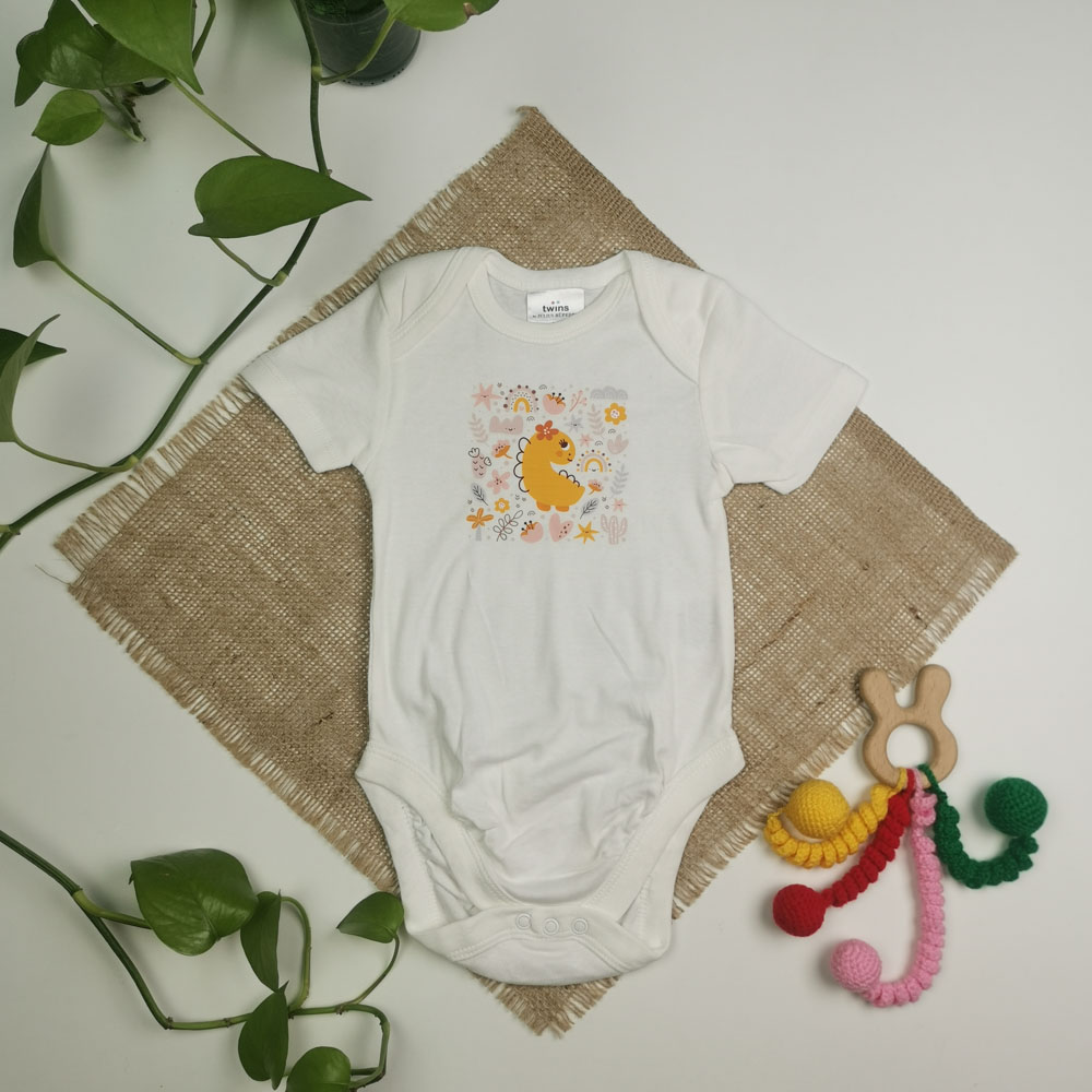 بادی نوزادی دخترانه آستین کوتاه برند twins طرح دایناسور نارنجی رنگ
