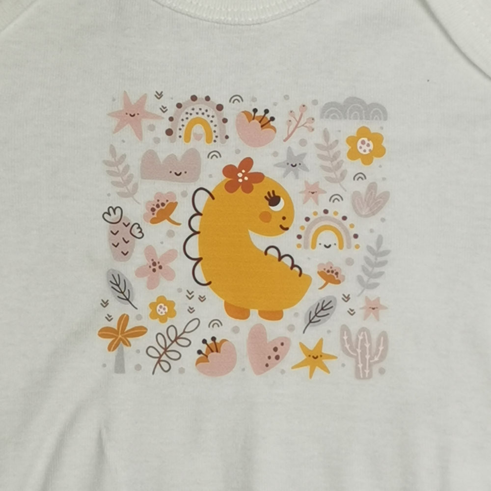 بادی نوزادی دخترانه آستین کوتاه برند twins طرح دایناسور نارنجی رنگ