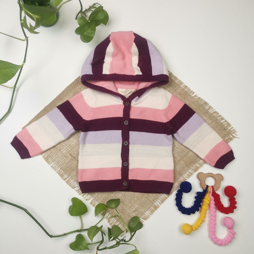 تصویر ژاکت بافت نوزادی دخترانه آستین بلند برند lupilu طرح راه راه کلاه دار صورتی رنگ - 6 تا 12 ماه - 6 تا 12 ماه | فروشگاه نام نیکو 