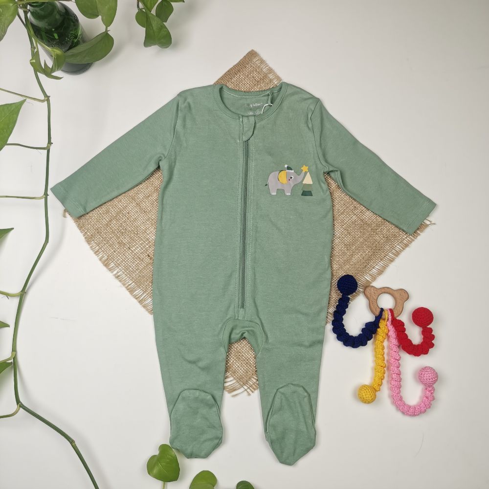 سرهمی نوزادی پسرانه آستین بلند برند Lily & Dan طرح فیل زیپ دار سبز رنگ - 3-6 ماه