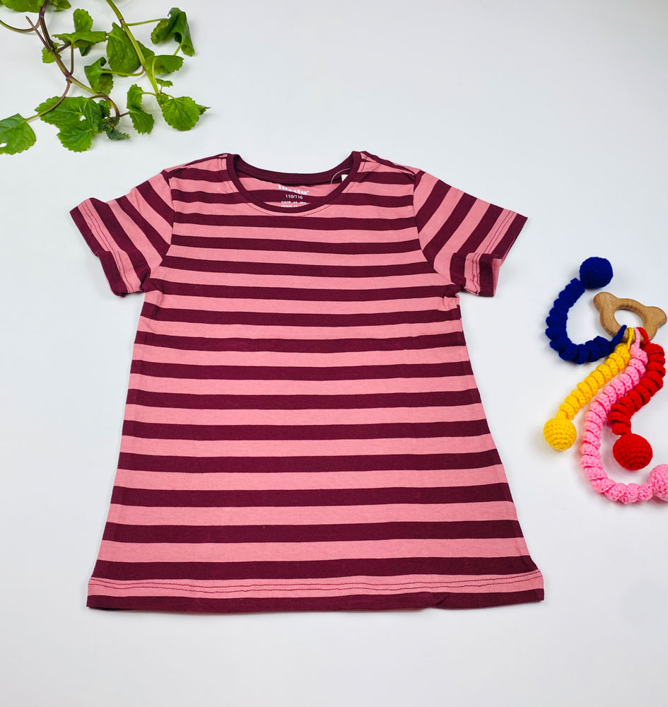 تیشرت دخترانه آستین کوتاه برند لوپیلو طرح راه راه زرشکی رنگ - 4 تا 6 سال