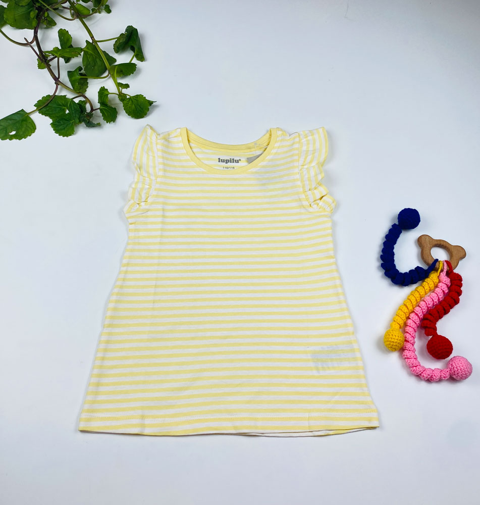 تیشرت دخترانه آستین تاپ برند لوپیلو طرح راه راه پرک پرکی زرد رنگ