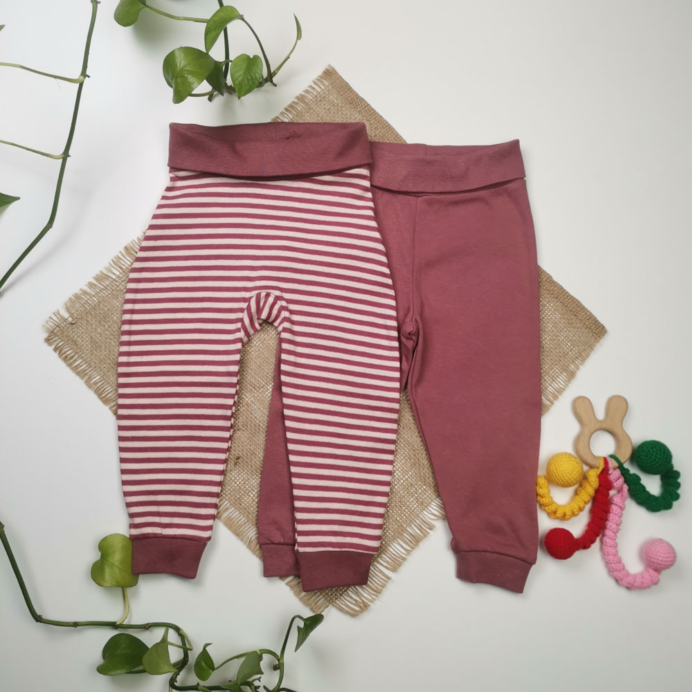 ست دو عددی شلوار اسلش نوزادی برند لوپیلو طرح راه راه کمرکش کالباسی رنگ