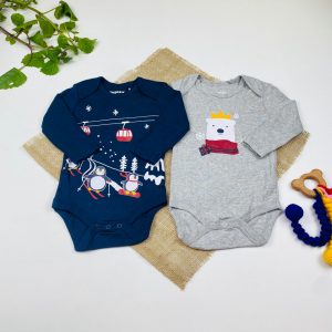 ست دو عددی بادی نوزادی آستین بلند برند لوپیلو طرح خرسی و پنگوئن سرمه ای رنگ