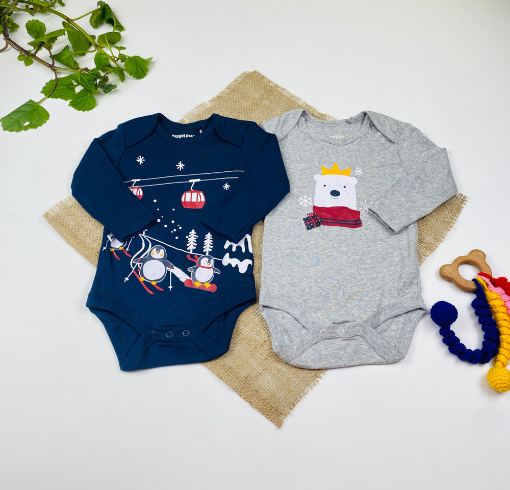 ست دو عددی بادی نوزادی آستین بلند برند لوپیلو طرح خرسی و پنگوئن سرمه ای رنگ