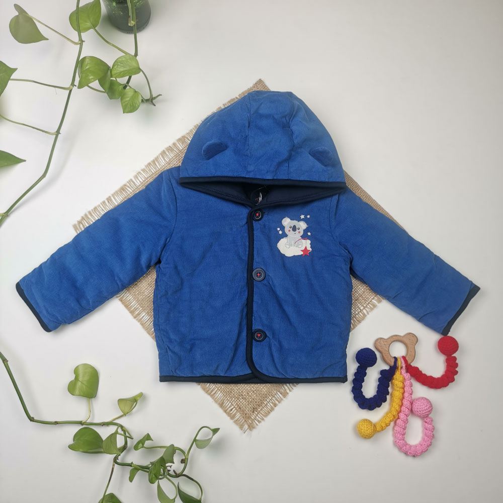 سویشرت مخمل کبریتی نوزادی آستین بلند برند لوپیلو طرح کوالا کلاه دار و گوش دار آبی رنگ