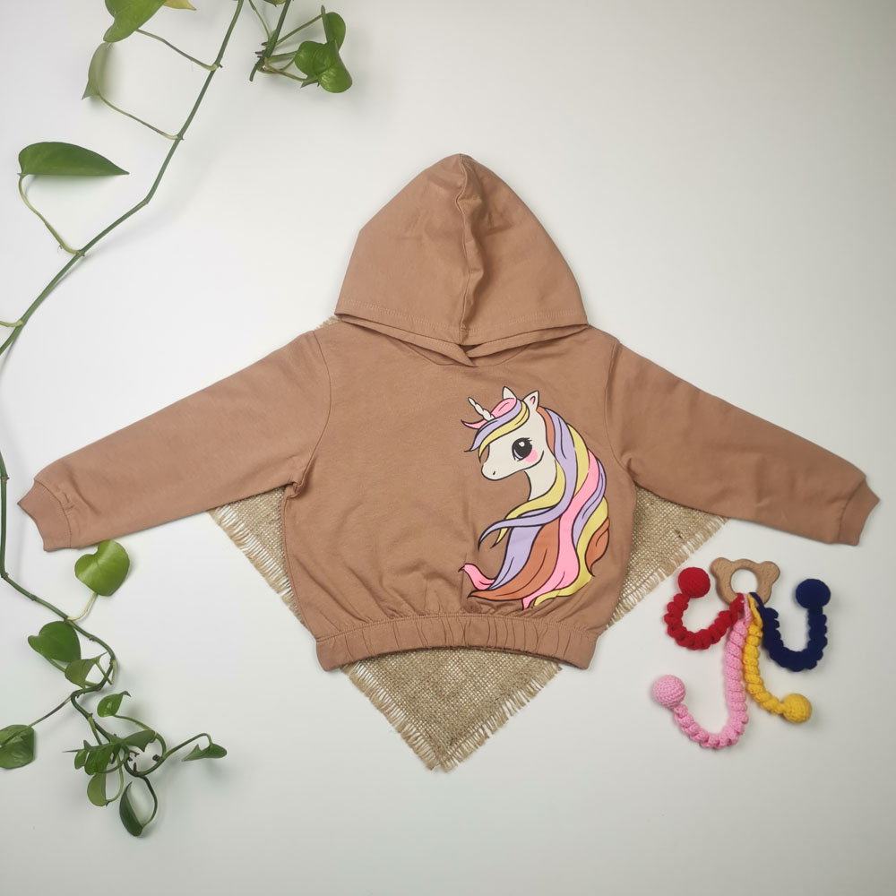 سویشرت کراپ نوزادی دخترانه آستین بلند برند H and M طرح یونیکورن نسکافه ای رنگ