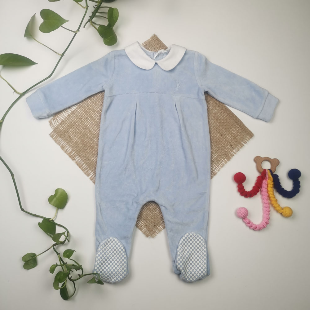 سرهمی نوزادی پسرانه آستین بلند طرح جوراب دار استپ دار آبی رنگ