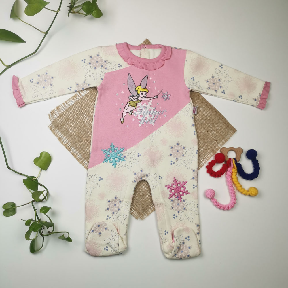 سرهمی نوزادی دخترانه آستین بلند برند Disney طرح برف جوراب دار نباتی رنگ - 9 تا 12 ماه