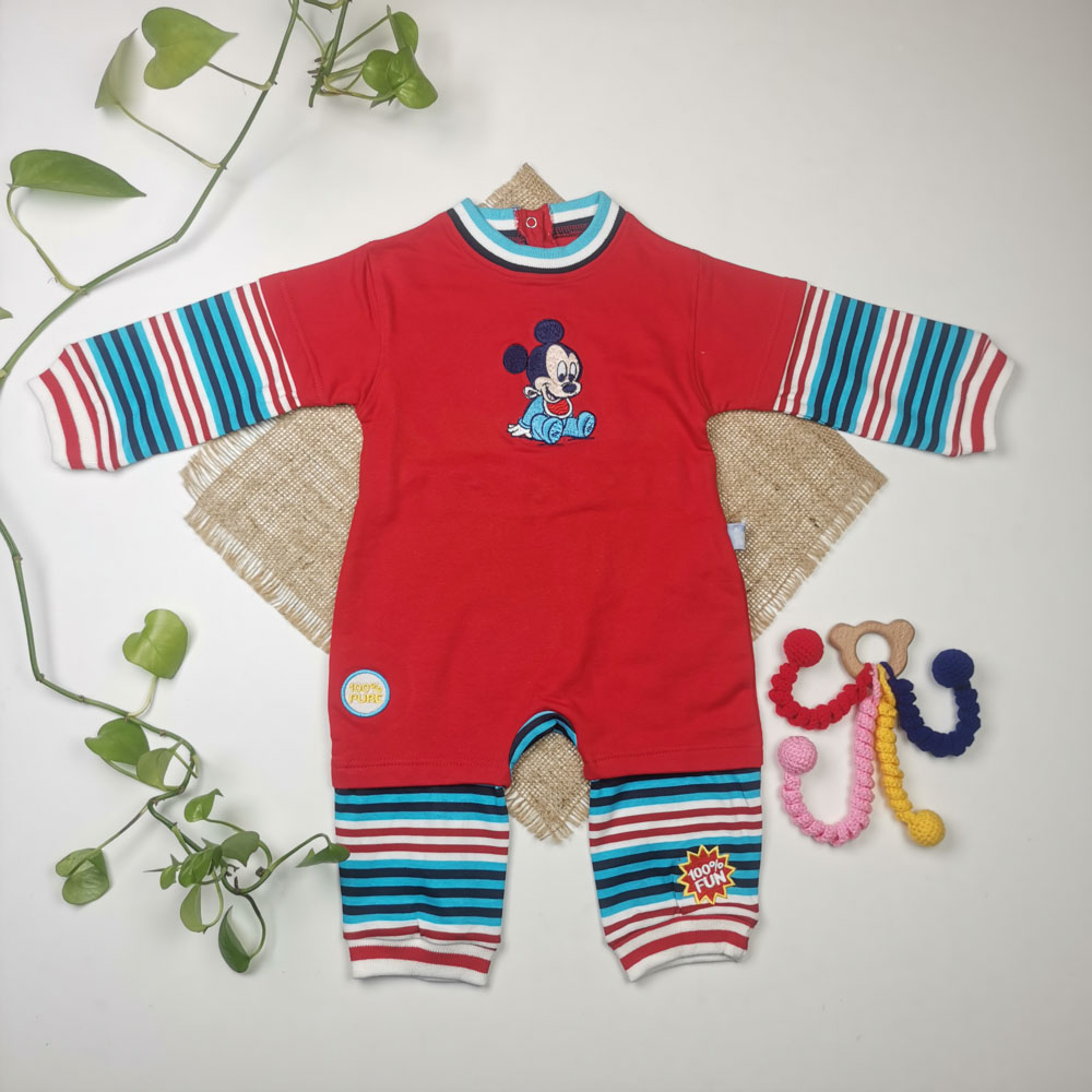 سرهمی نوزادی پسرانه آستین بلند برند Disney طرح میکی موس تو دورس قرمز رنگ - 12 تا 18 ماه
