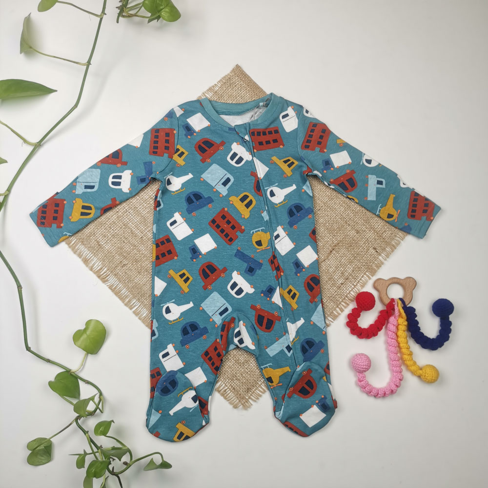 سرهمی نوزادی پسرانه آستین بلند برند Tu طرح ماشین جوراب دار دستکش دار آبی رنگ - 3 تا 6 ماه