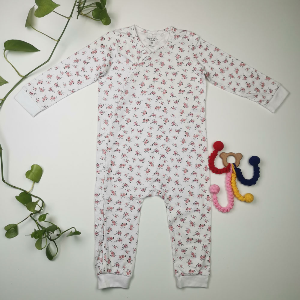 سرهمی دخترانه آستین بلند برند fox and bunny طرح گل دار سفید رنگ - 2 تا 3 سال