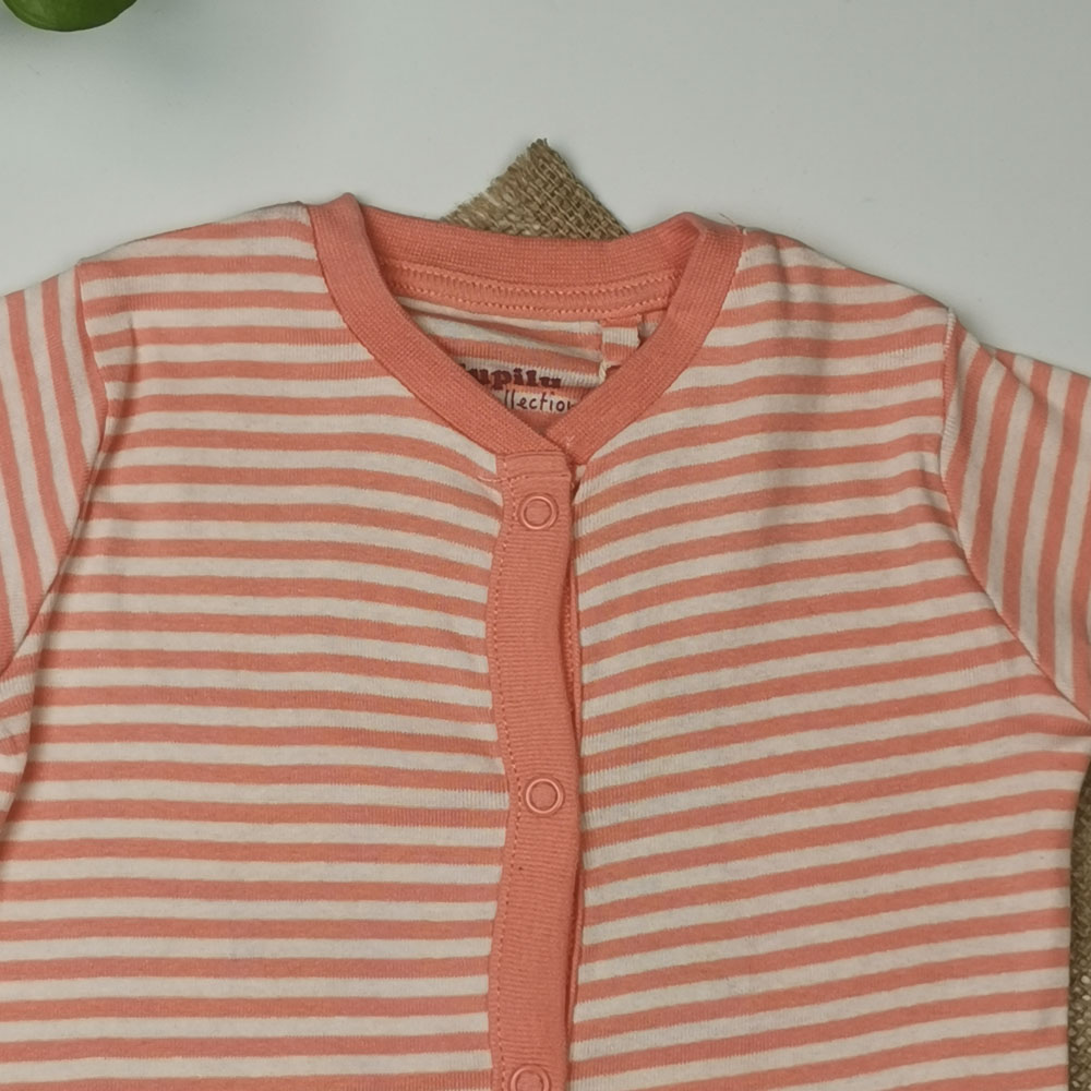 سرهمی نوزادی دخترانه آستین بلند برند لوپیلو طرح راه راه جوراب دار گلبهی رنگ