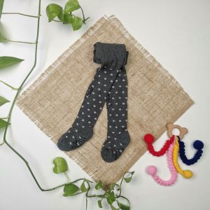 جوراب شلواری نوزادی برند impidimpi طرح خال خالی استوپ دار نیمه توکرکی طوسی رنگ