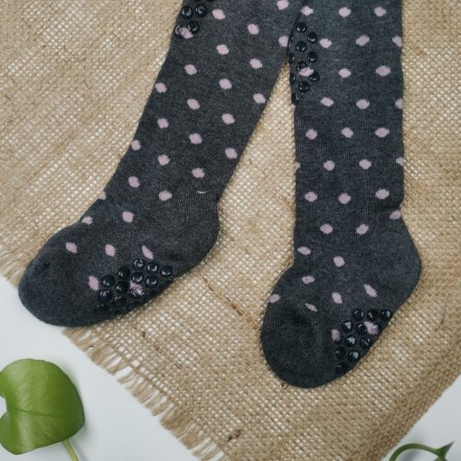 جوراب شلواری نوزادی برند impidimpi طرح خال خالی استوپ دار نیمه توکرکی طوسی رنگ