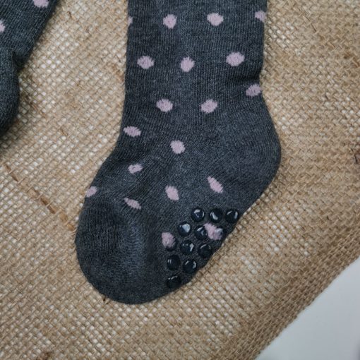 جوراب شلواری نوزادی برند impidimpi طرح خال خالی استوپ دار نیمه توکرکی طوسی رنگ