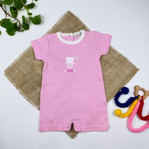 رامپر نوزادی دخترانه آستین کوتاه طرح خرس و ستاره صورتی رنگ