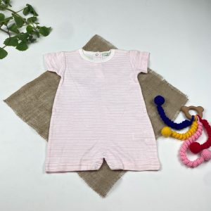 رامپر نوزادی دخترانه آستین کوتاه طرح راه راه سفید رنگ - 6 تا 9 ماه