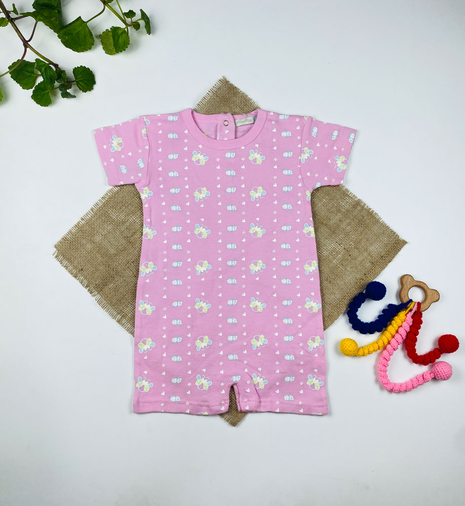 رامپر نوزادی دخترانه آستین کوتاه طرح کفشدوزک و قلب صورتی رنگ - 12 تا 18 ماه