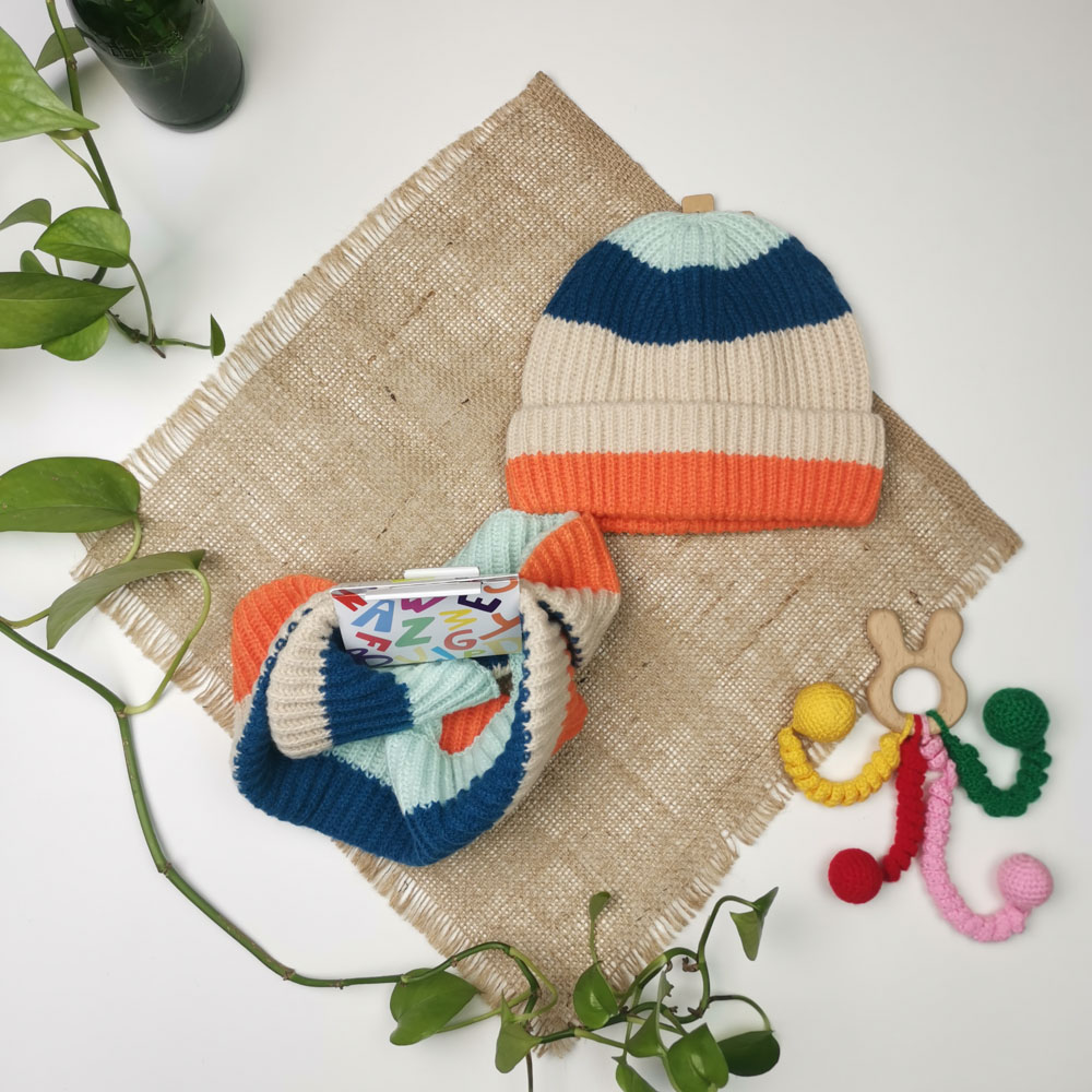 ست کلاه شال گردن بافت طرح راه راه نارنجی رنگ  - فری سایز