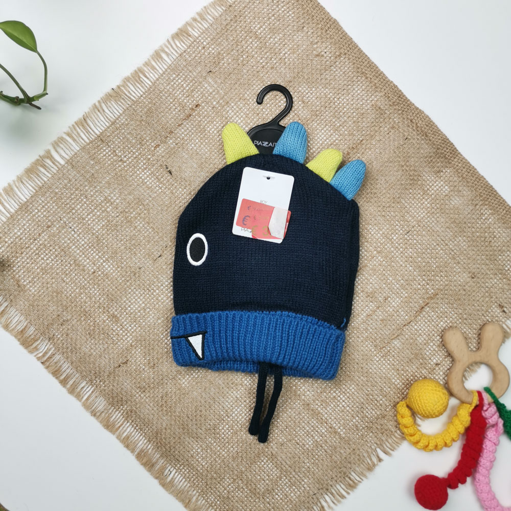 کلاه بافت پسرانه طرح هیولا بند دار سرمه ای رنگ  - 2 تا 4 سال