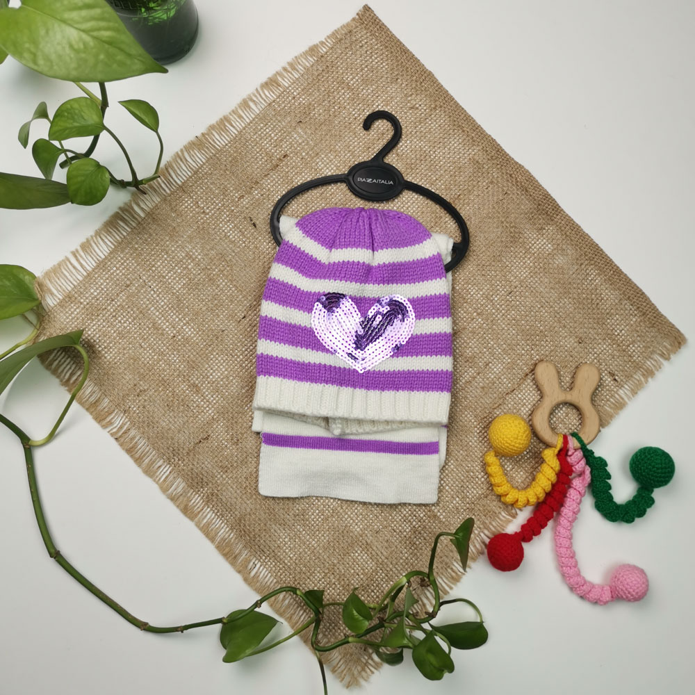 ست کلاه شالگردن بافت نوزادی دخترانه طرح قلب پولکی سفید رنگ  - 12 تا 24 ماه