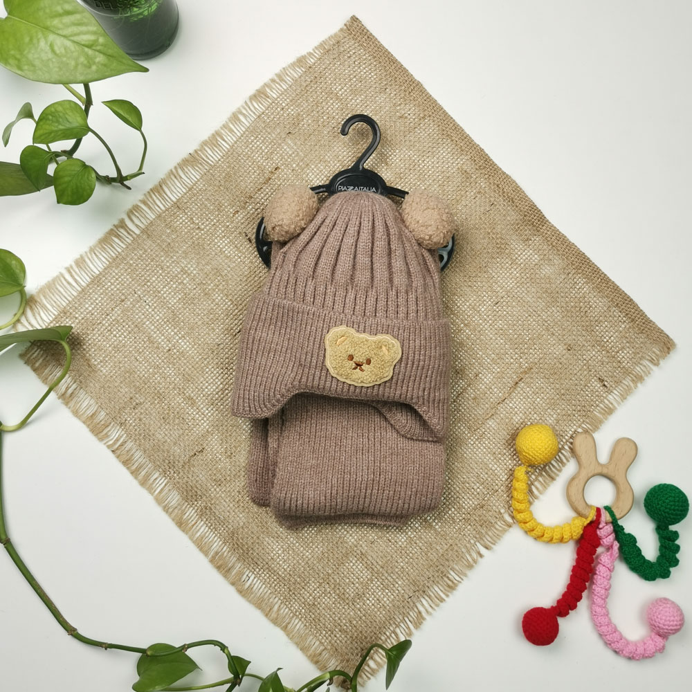 ست کلاه شالگردن بافت طرح خرس آستر دار پشمی قهوه ای رنگ  - 2 تا 4 سال