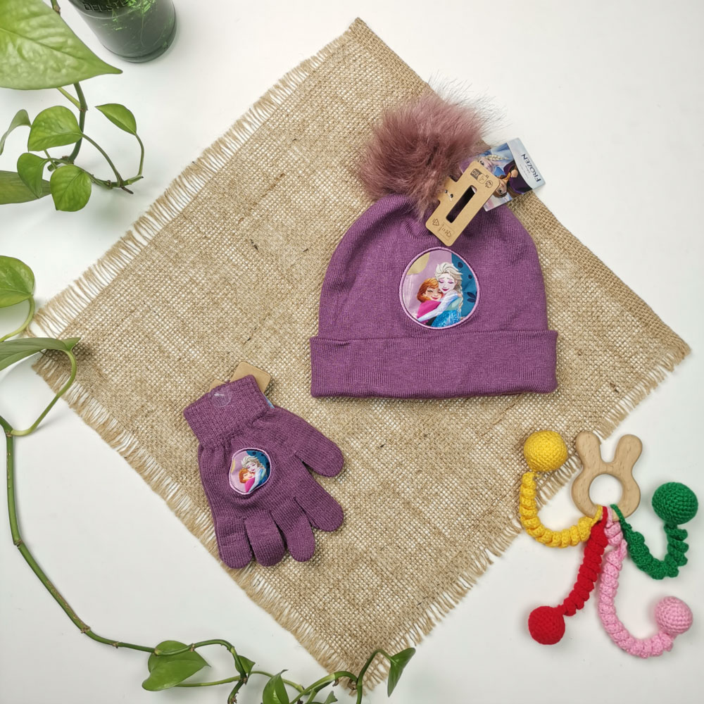 ست کلاه و دستکش بافت دخترانه برند دیزنی طرح السا آنا بنفش رنگ  - 8 تا 10 سال