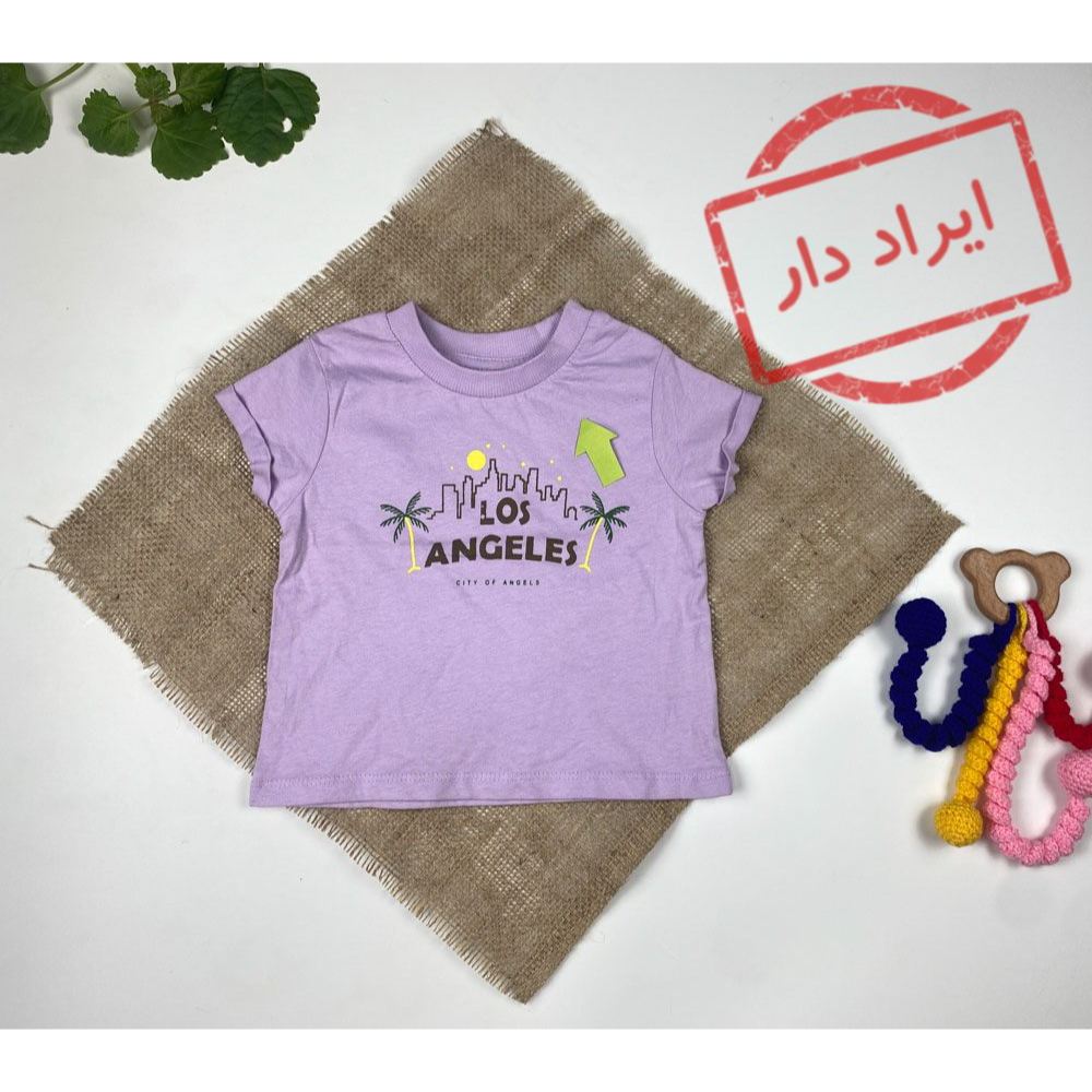 تیشرت نوزادی دخترانه آستین کوتاه طرح نخل و نوشته انگلیسی یقه گرد یاسی رنگ  - 6 تا 9 ماه