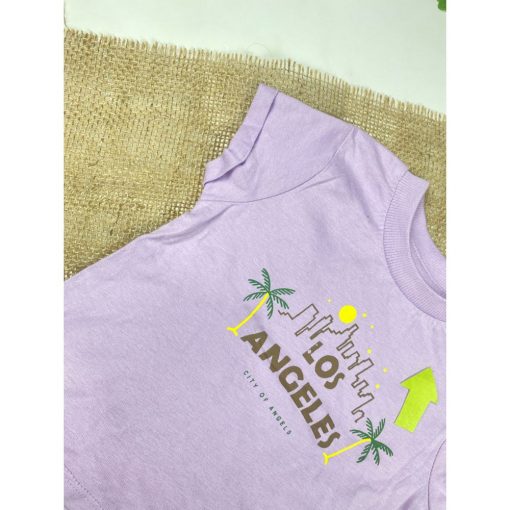 تیشرت نوزادی دخترانه آستین کوتاه طرح نخل و نوشته انگلیسی یقه گرد یاسی رنگ - 6 تا 9 ماه