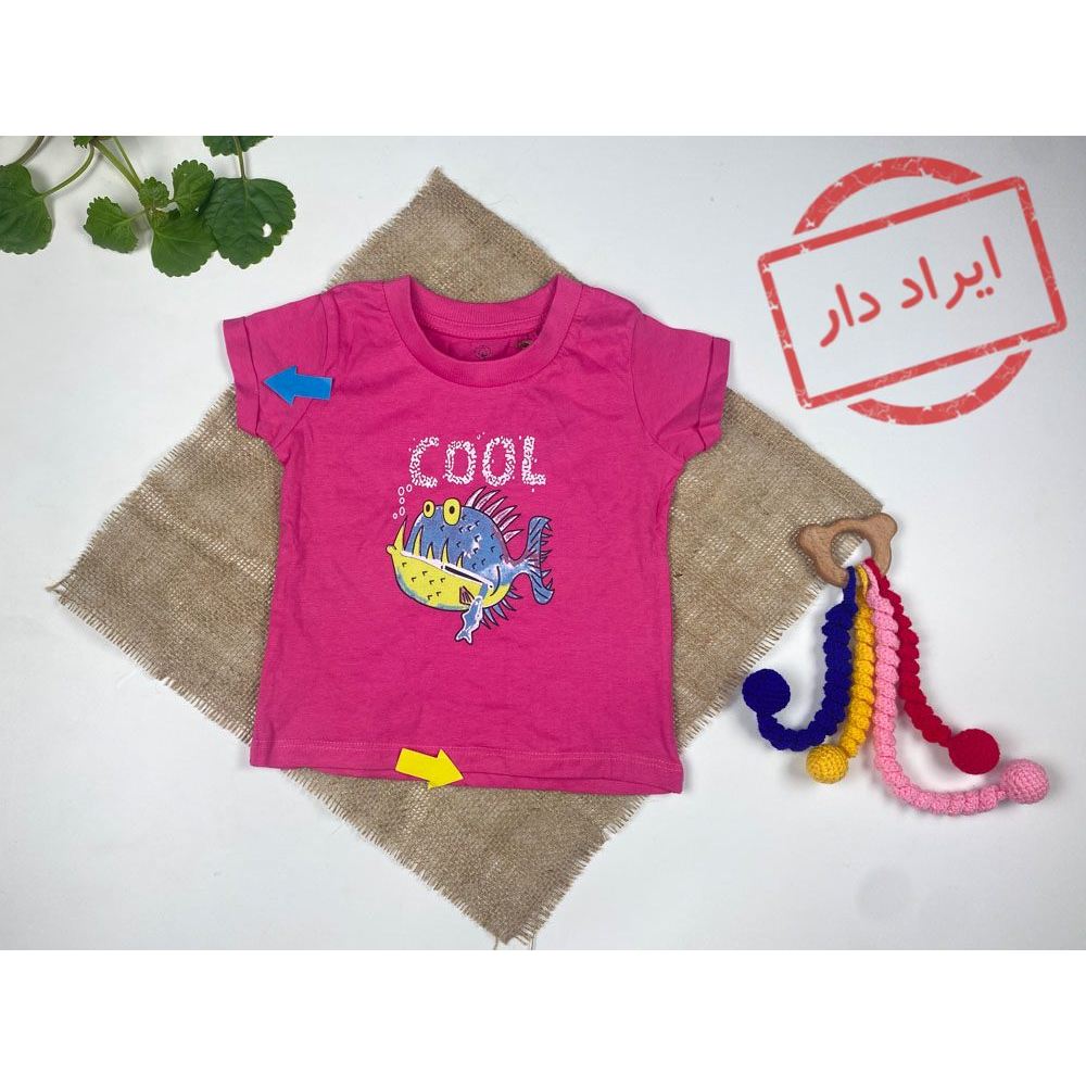 تیشرت نوزادی دخترانه آستین کوتاه طرح ماهی یقه گرد استین کوتاه صورتی رنگ  - 6 تا 12 ماه