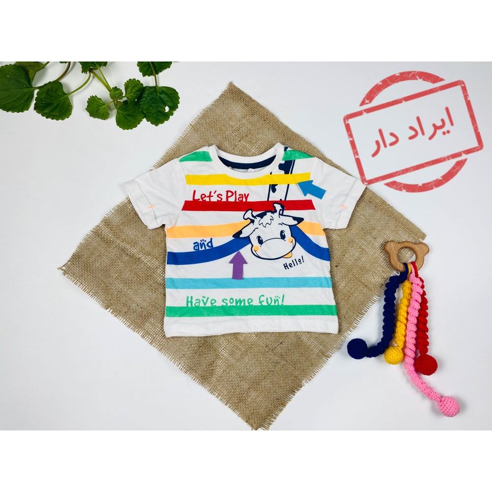 تیشرت نوزادی پسرانه آستین کوتاه طرح گاو یقه گرد سفید رنگ  - 3 تا 6 ماه