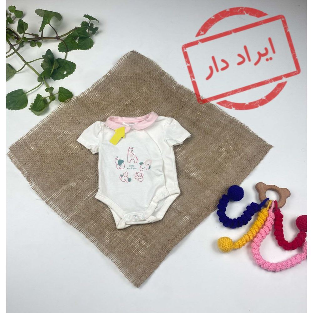 بادی نوزادی برند kiabi طرح فیل و زرافه یقه دار جلو دکمه سفید رنگ  - 0 تا 1 ماه