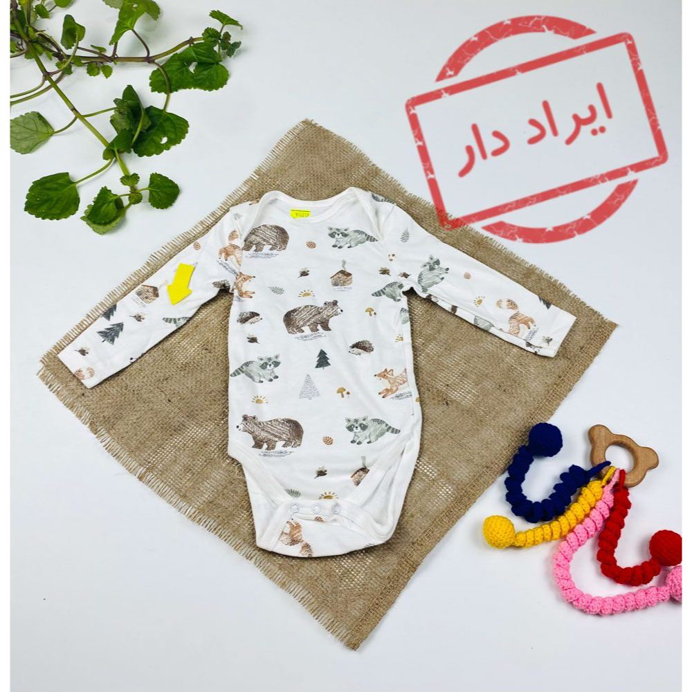 بادی نوزادی آستین بلند برند C and A طرح خرس و گربه ساده سفید رنگ  - 3 تا 6 ماه