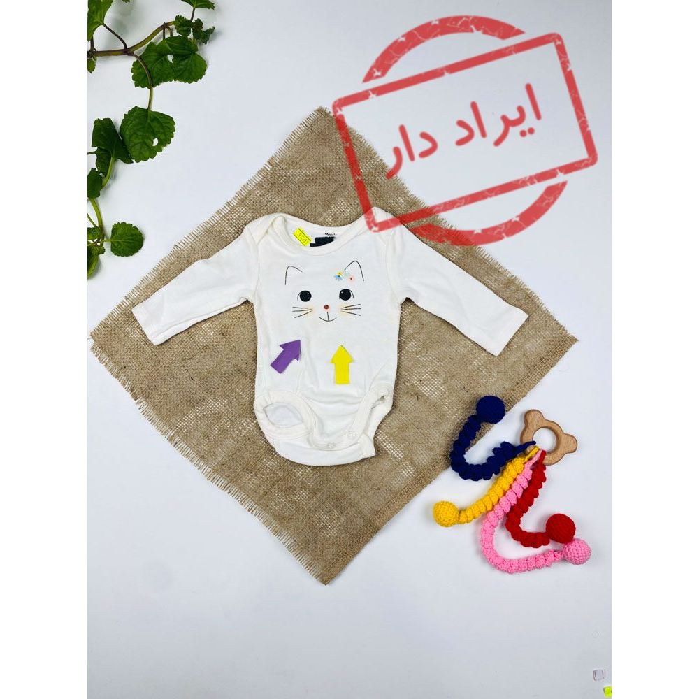 بادی نوزادی آستین بلند طرح پیشی یقه گرد ساده سفید رنگ  - 0 تا 1 ماه