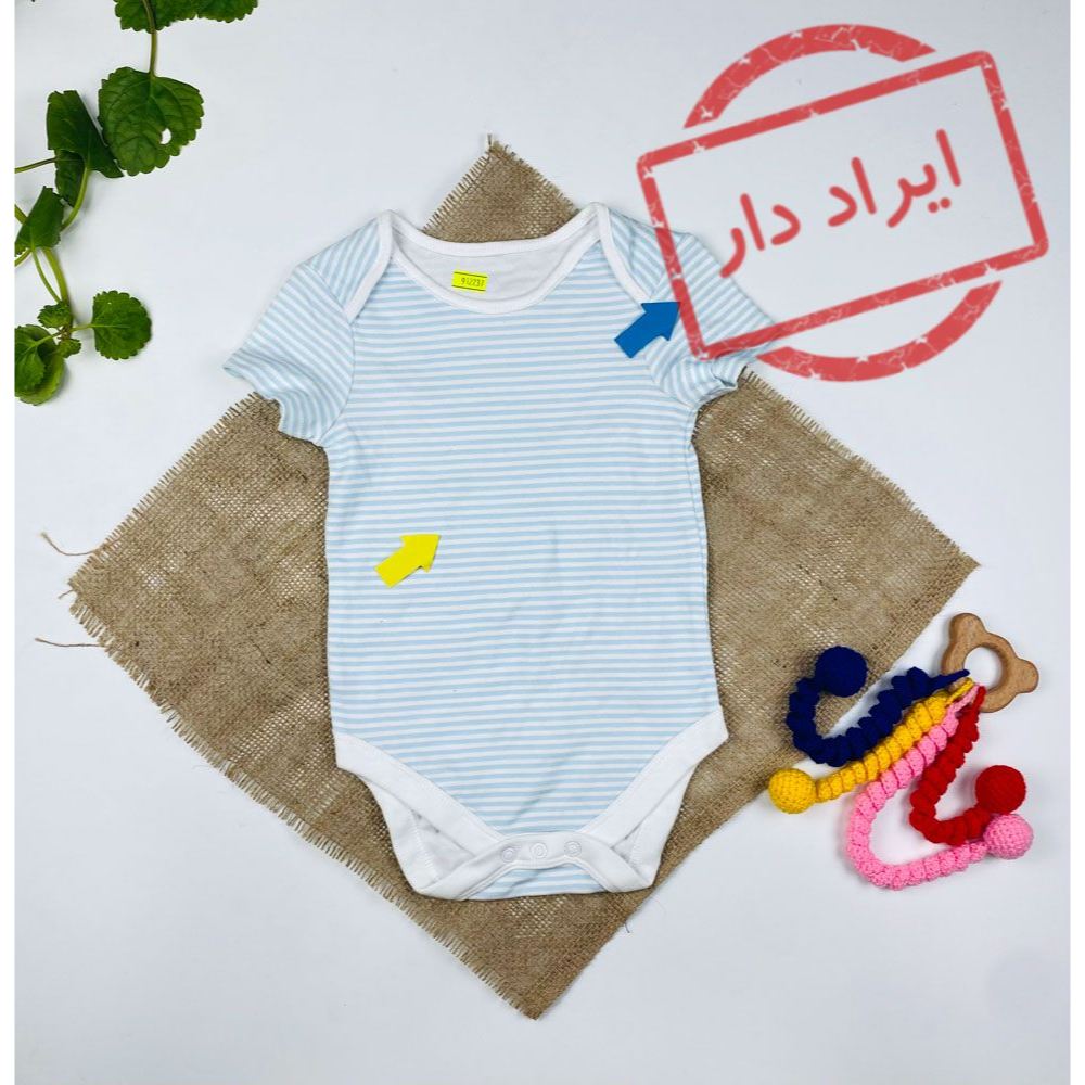 بادی نوزادی آستین کوتاه طرح راه راه بادی یقه گرد آبی رنگ  - 6 تا 12 ماه