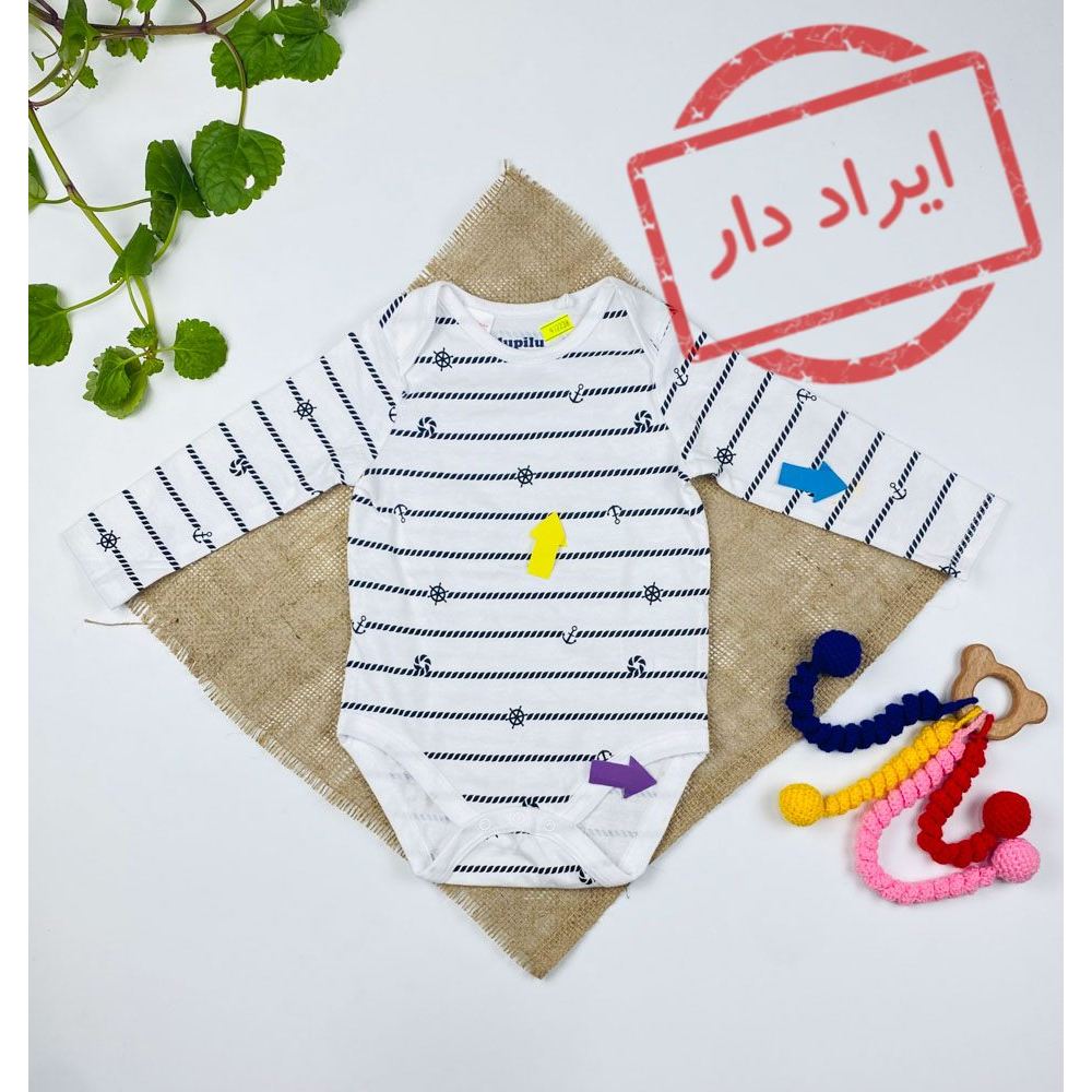 بادی نوزادی پسرانه آستین بلند برند لوپیلو طرح دریانورد طرح دار سفید رنگ  - 6 تا 12 ماه