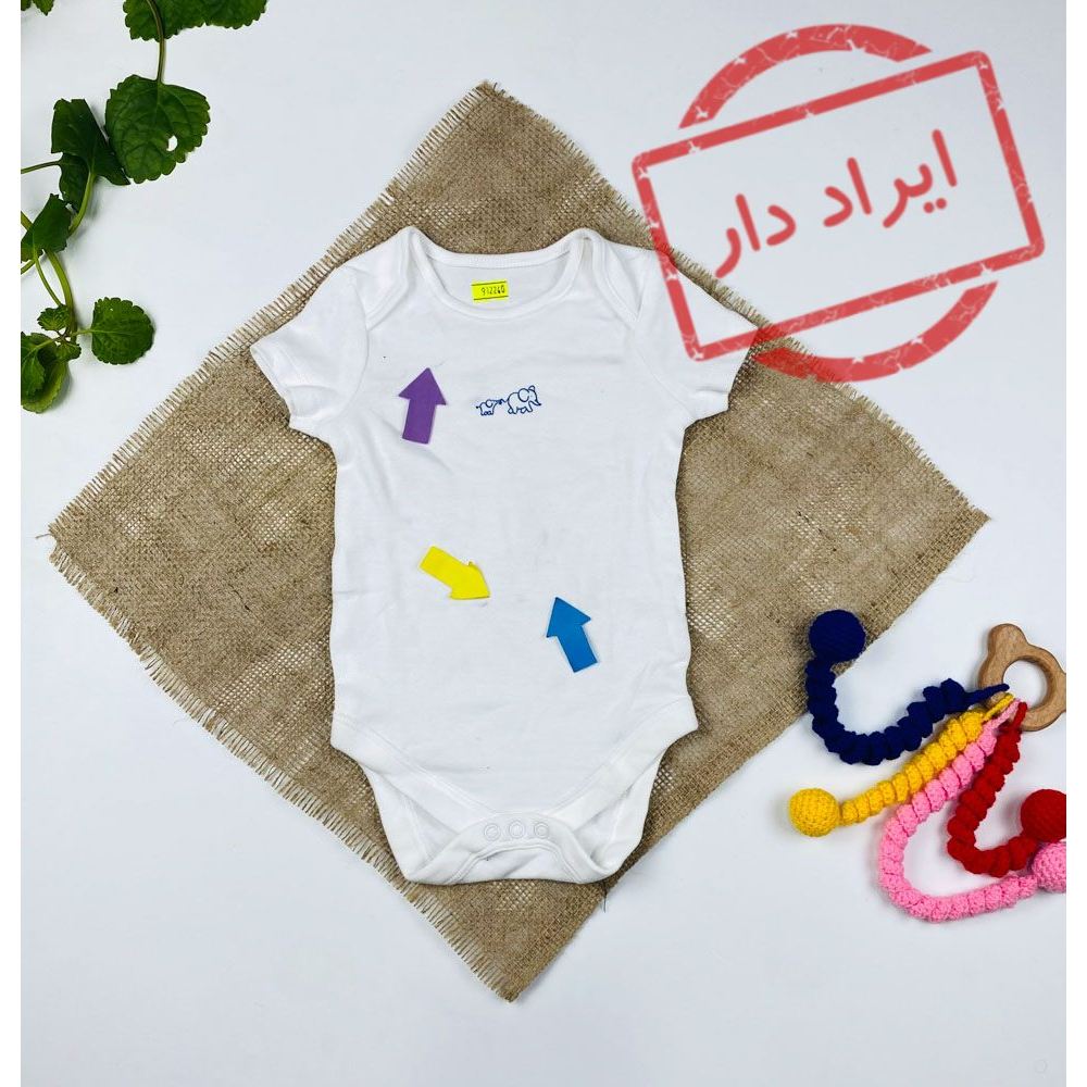 بادی نوزادی آستین کوتاه طرح فیل ساده یقه گرد سفید رنگ  - 2 تا 6 ماه