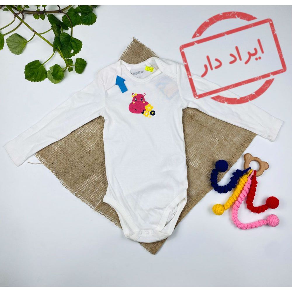 بادی نوزادی دخترانه آستین بلند برند لوپیلو طرح گاو صورتی بادی یقه گرد سفید رنگ  - 12 تا 24 ماه