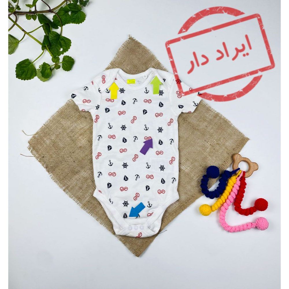 بادی نوزادی آستین کوتاه برند لوپیلو طرح لنگر و قایق یقه گرد ساده سفید رنگ  - 6 تا 12 ماه