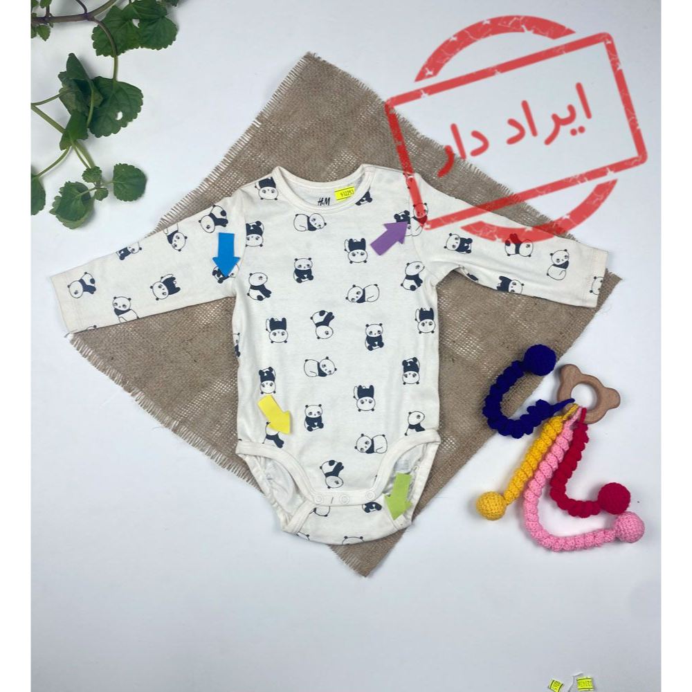 بادی نوزادی آستین بلند برند h and m طرح پاندا یقه گرد سفید رنگ  - 2 تا 6 ماه