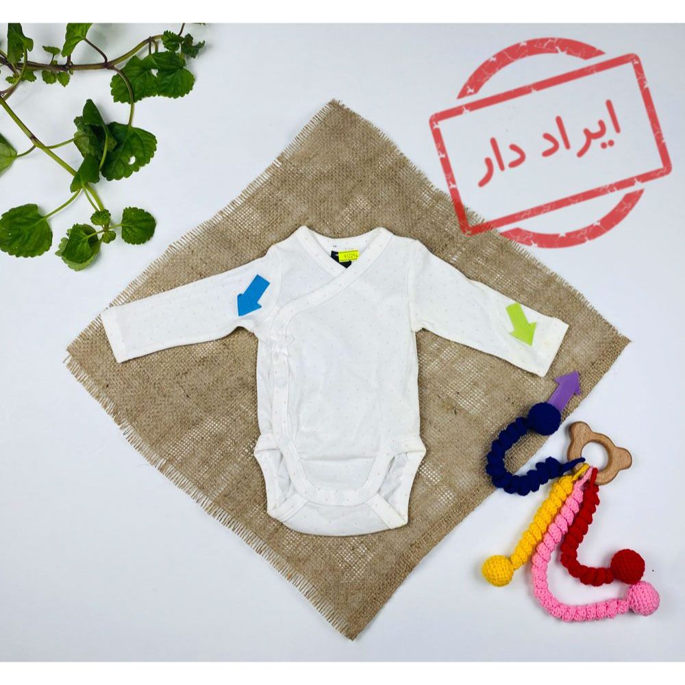 بادی نوزادی دخترانه آستین بلند طرح خال خالی بادی جلو دکمه ای سفید رنگ  - 0 تا 1 ماه