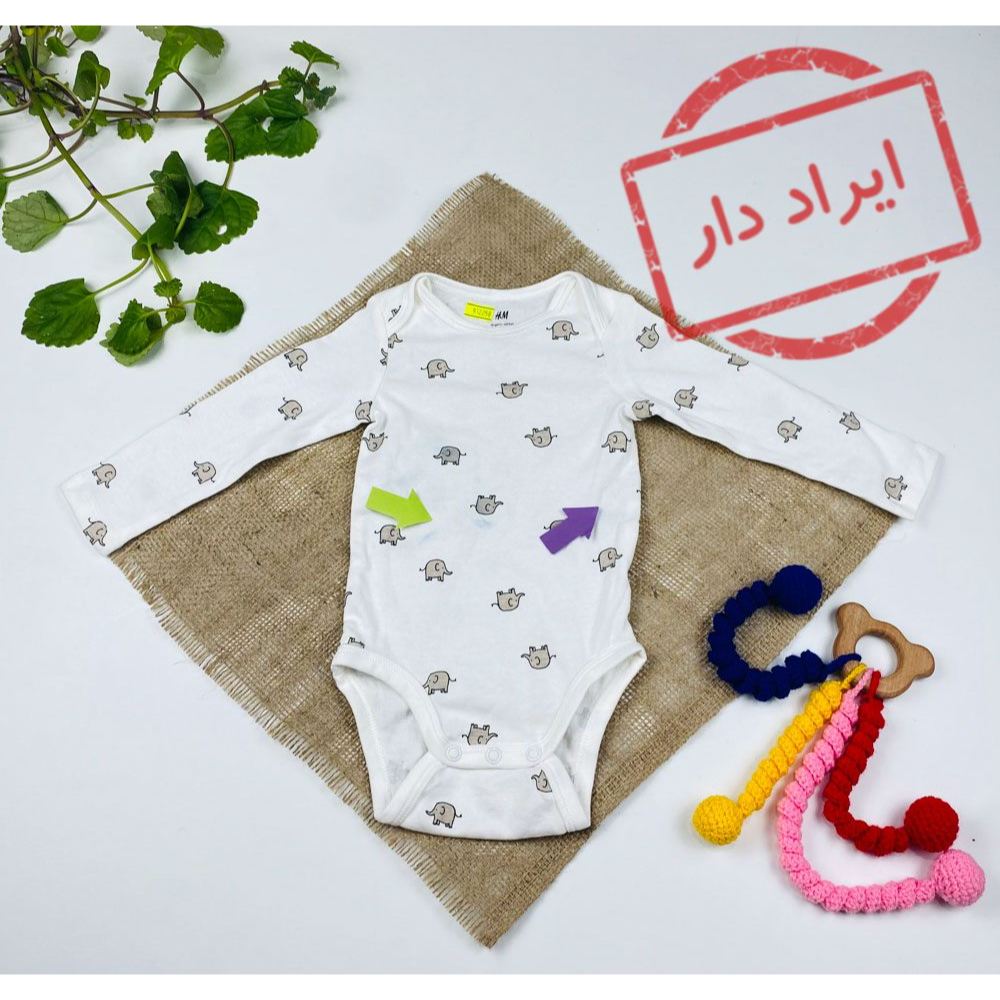 بادی نوزادی آستین بلند برند h and m طرح فیل ساده سفید رنگ  - 6 ماه
